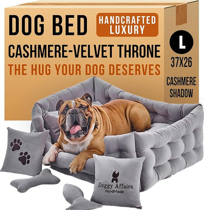 Luxury Dog Bed Chesterfield – Handcrafted Velvet Throne for Dogs | Joint Support, Calming &amp; Temp-Regulating Comfort | Durable 5+ Years, Anti-Claw, Washable 100+ Times – L, Gray