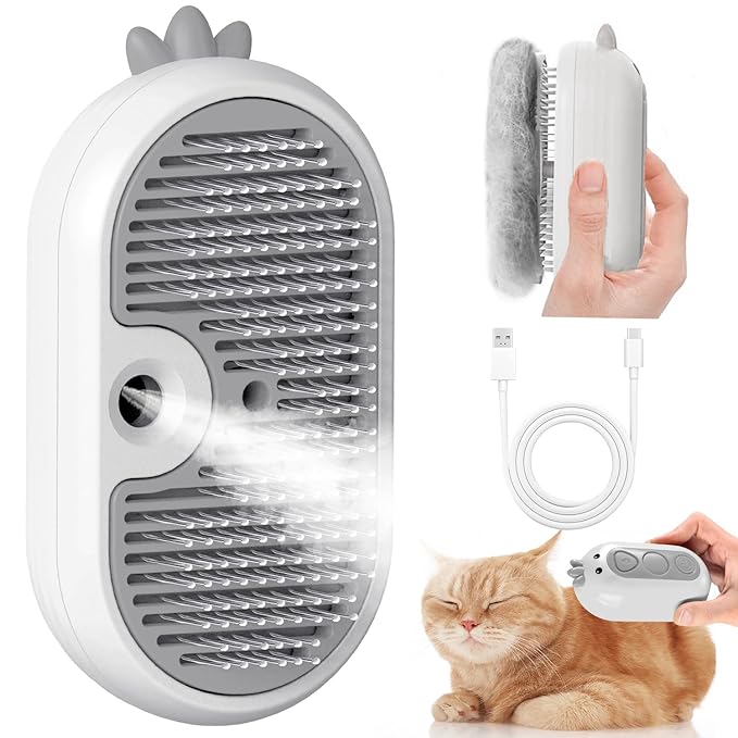 Cat Steam Brush with Release Button, 3 in 1 Rechargeable Pet Spray Water Comb for Long &amp; Short Hair Removal, Self Cleaning Slicker Vapor Brush for Indoor Cats Dogs Rabbits Shedding Grooming
