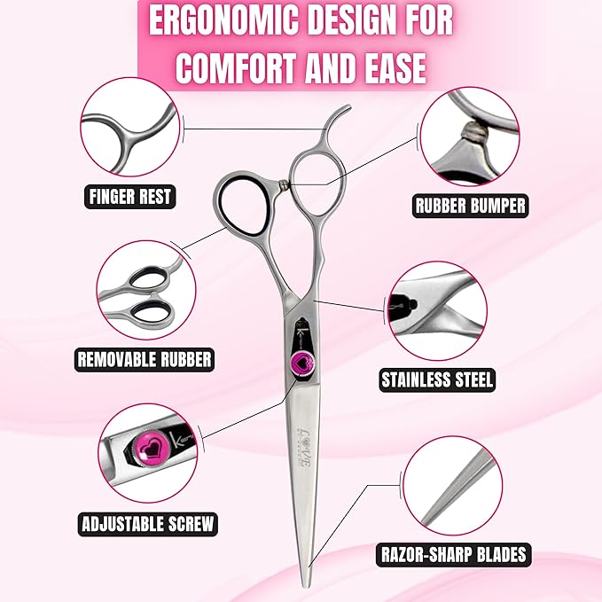 Kenchii Love Left Handed Dog Grooming Scissors, 7 Inch Straight Shears, Dog Scissors for Grooming, Professional Pet Grooming Scissors, Ergonomic &amp; Comfortable