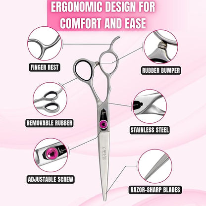 Kenchii Love Left Handed Dog Grooming Scissors, 7 Inch Straight Shears, Dog Scissors for Grooming, Professional Pet Grooming Scissors, Ergonomic &amp; Comfortable