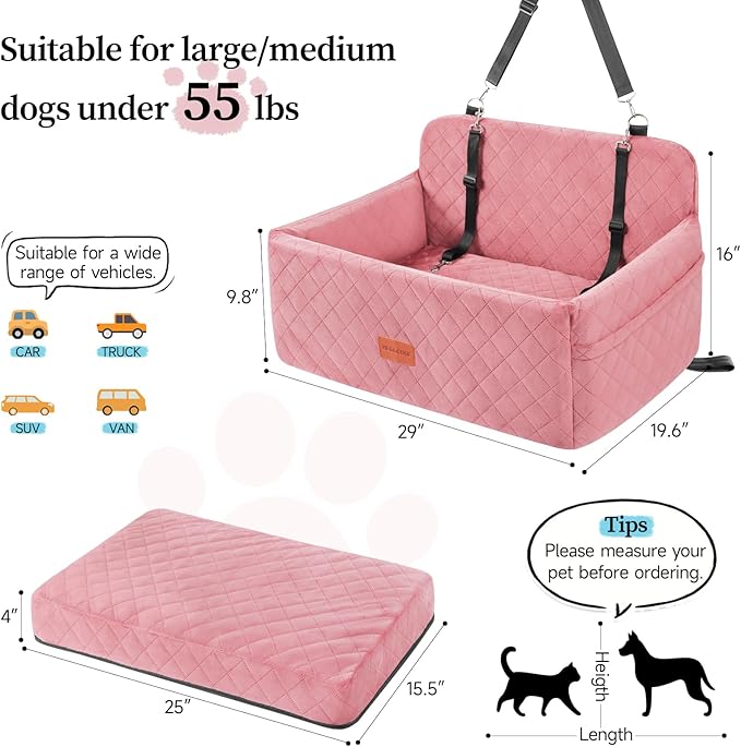 Dog Car Seat for Medium/Large Dogs, Pet Booster Seat for Under 55 lbs or 2 Small Dogs, Detachable &amp; Washable Dog Car Bed for Backseat with 2 Safety Leashes (Pink)