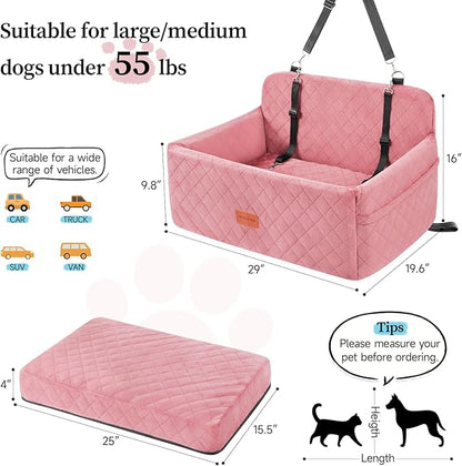Dog Car Seat for Medium/Large Dogs, Pet Booster Seat for Under 55 lbs or 2 Small Dogs, Detachable &amp; Washable Dog Car Bed for Backseat with 2 Safety Leashes (Pink)