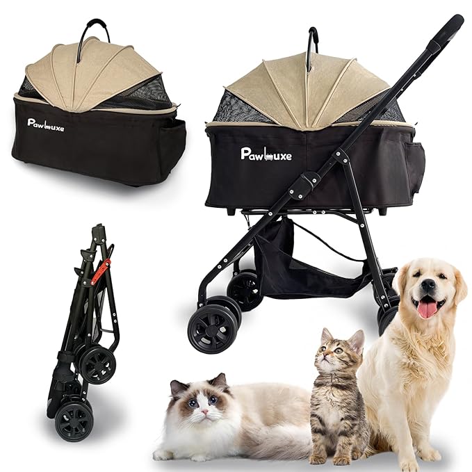 4 Wheels Pet Stroller 4 in 1 Pet Stroller with Detachable Carrier for Small &amp; Medium Dogs Cats up to 55 lbs Easy-Folding Travel Dog Wagon with Car Seat Breathable Mesh,Khaki