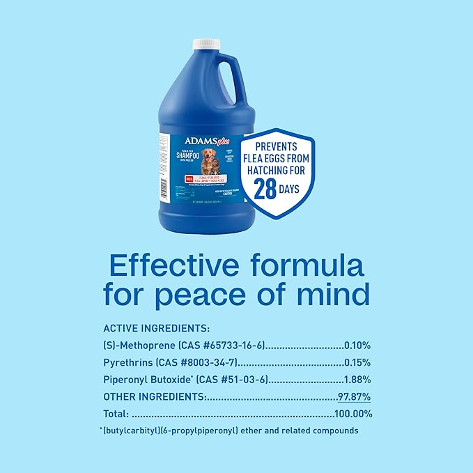 ADAMS Plus Flea &amp; Tick Shampoo with Precor IGR for Cats, Kittens, Dogs &amp; Puppies Over 12 Weeks Of Age, Sensitive Skin Flea Treatment, Kills Adult Fleas, Flea Eggs, Ticks, and Lice, 1 Gallon