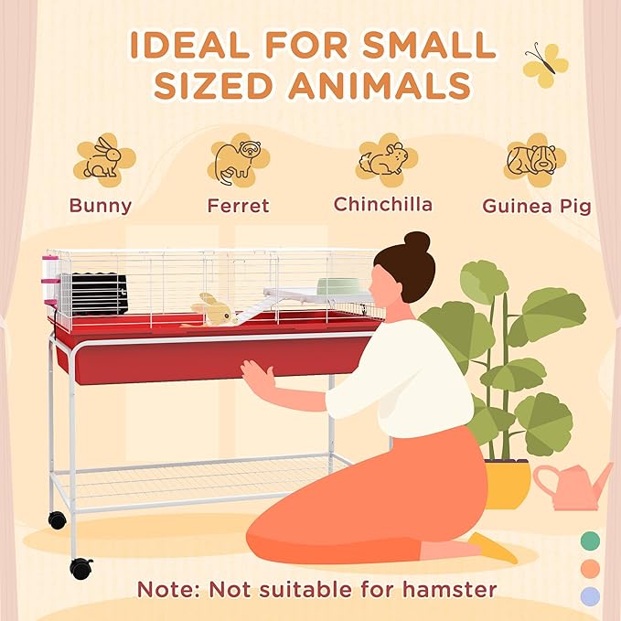 PawHut Two-Story Small Animal Cage Removable from Stand, Guinea Pig Cage with Shelf &amp; Wheels, Pet Habitat for Hedgehog, Chinchilla, Ferret, 39" x 20.5" x 36.5", Red