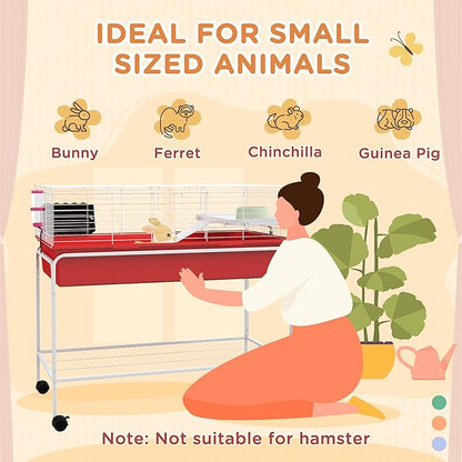 PawHut Two-Story Small Animal Cage Removable from Stand, Guinea Pig Cage with Shelf &amp; Wheels, Pet Habitat for Hedgehog, Chinchilla, Ferret, 39" x 20.5" x 36.5", Red