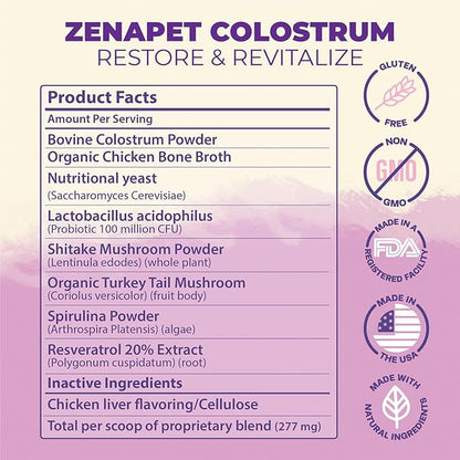 Zenapet Cat Colostrum Plus Superfood Supplement, 240 Day Supply Bovine Colostrum Powder, Cat Probiotic for Immune Support, Digestive Health, Allergy Relief, Joint Support, and Skin/Coat Health