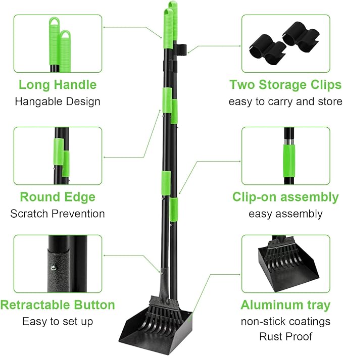 Non-Breakable Pooper Scooper, Dog Pooper Scooper Tray &amp; Rake Set with Adjustable Stainless Steel Long Handle for Large Medium Small Dogs (Green)