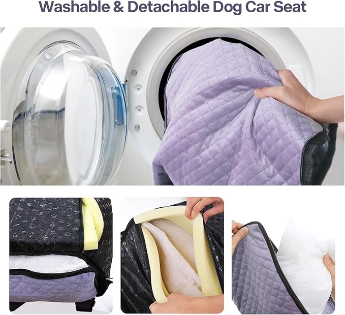 Dog Car Seat for Small Medium Dogs Up to 40lbs, Detachable Washable Soft Pet Booster Travel Bed for Front &amp; Purple Seat with Safety Leash Belt