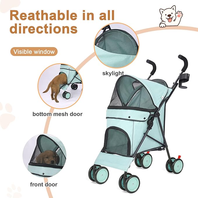 Umbrella Dog Stroller, 4 Wheels Pet Strolling, Foldable Carrier Pet Stroller for Small Dogs Cats, with Carrying Strap and Cup Holder, Dog Poop Bags &amp; Dispenser, Up to 33 lbs, Cyan