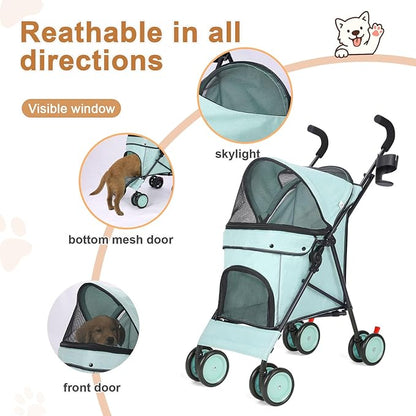 Umbrella Dog Stroller, 4 Wheels Pet Strolling, Foldable Carrier Pet Stroller for Small Dogs Cats, with Carrying Strap and Cup Holder, Dog Poop Bags &amp; Dispenser, Up to 33 lbs, Cyan