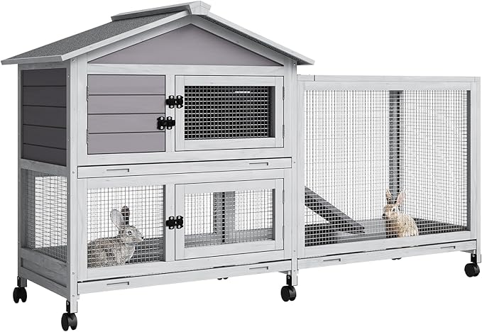 Rabbit Hutch 2-Tier, Small Wooden Chicken Coop with Wheels for Outdoor Use - Weatherproof Small Animal Hutch with Non-Slip Ramp, 4 Access Doors &amp; Removable Tray for Rabbits, Guinea Pigs, Ferrets
