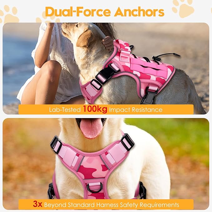 Heavy-Duty Tactical Dog Harness for Large Dogs, No Pull Adjustable Reflective Pet Vest with Molle System, K9 Military-Grade Control for Service Training, Outdoor &amp; 10+ Breeds, Pink Camo, Small