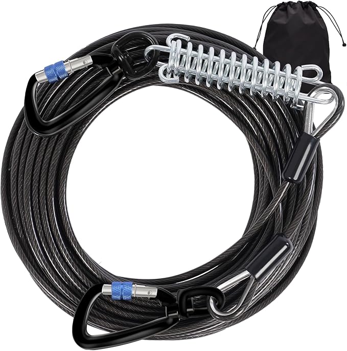 Snagle Paw Dog Tie Out Cable 15FT,Heavy Duty Dog Leads for Yard with Shock Absorbing Spring &amp; Swivel Hook,Leash Cable for Outdoor Camping,Dog Line for Small Large Dogs,withstand 1000LBS Break Strength