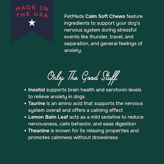 PetMeds Calm Supplement for Dogs - Anxiety &amp; Stress Relief with Vitamins, Theanine &amp; Lemon Balm - Supports Dogs During Travel, Thunder &amp; Separation - Beef &amp; Sweet Potato Flavor - 60 Soft Chews