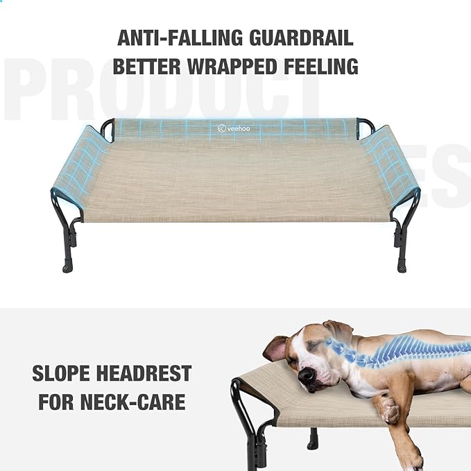 Veehoo Cooling Elevated Dog Bed, XL Raised Pet Cot with Guardrail &amp; Slope Headrest, Durable Breathable Teslin Mesh, Non-Slip Feet, Washable Dog Couch Bed for Indoor &amp; Outdoor, 50.5" x 33.5", Beige