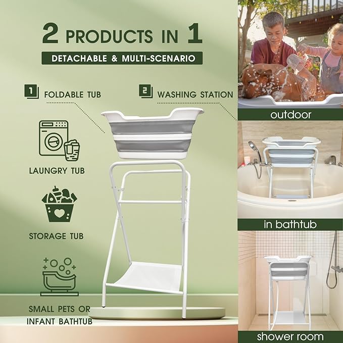 CYGNE 2-in-1 Dog Bathtub &amp; Washing Station, Elevated Collapsible Bathtub with Drainhole &amp; Storage Rack, Foldable Portable Indoor/Outdoor Pet Bathing &amp; Grooming for Small Dogs Cats