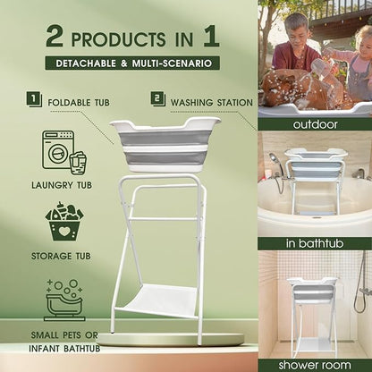 CYGNE 2-in-1 Dog Bathtub &amp; Washing Station, Elevated Collapsible Bathtub with Drainhole &amp; Storage Rack, Foldable Portable Indoor/Outdoor Pet Bathing &amp; Grooming for Small Dogs Cats