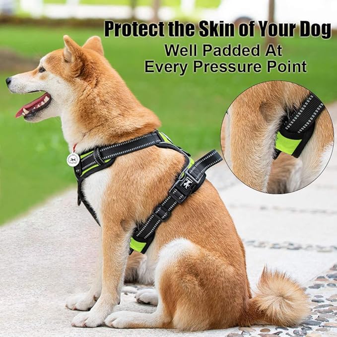 PoyPet No Pull Dog Harness, Reflective Comfortable Vest Harness with Front &amp; Back 2 Leash Attachments and Easy Control Handle Adjustable Soft Padded Pet Vest for Small to Large Dogs (Green,XL)