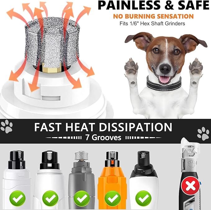 LENONG Fast Cooling Dog Nail Grinder Head with 7-Grooves, Anti-Clogging Diamond Pet Nail Grinder Replacement Bit with Steel Brush for Casfuy and Most Brands (1pcs 80
