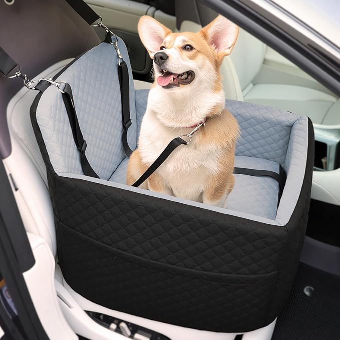Dog Car Seat for Small &amp; Medium Dogs Under 35lbs, Detachable &amp; Washable Pet Car Seat, Interior Height 6 Inches Pet Travel Bed with Storage Pockets and 2 Dog Safety Belts (Black/Gray)