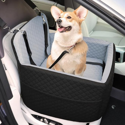 Dog Car Seat for Small &amp; Medium Dogs Under 35lbs, Detachable &amp; Washable Pet Car Seat, Interior Height 6 Inches Pet Travel Bed with Storage Pockets and 2 Dog Safety Belts (Black/Gray)