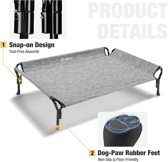 Veehoo Cooling Elevated Dog Bed, Raised Pet Cot with Guardrail &amp; Slope Headrest, Durable Breathable Teslin Mesh, Non-Slip Feet, Washable Dog Couch Bed for Indoor &amp; Outdoor, 39.5" x 28", Black Silver