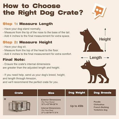 Dog Crate Furniture with Cushion, 32 inch Wooden Kennel Table with Double Doors, Indoor Dog House End Table for Small/Medium Dog, Grey (32x23x26in)