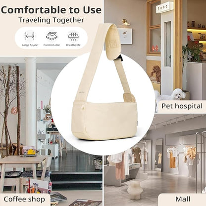 Dog Sling Carrier for Small Dogs and Cats, Lightweight Collapsible Pet Travel Bag with Adjustable Strap, Side Pockets &amp; Breathable Mesh (Beige, 15.7" L x 5.9" W x 8.6" H)