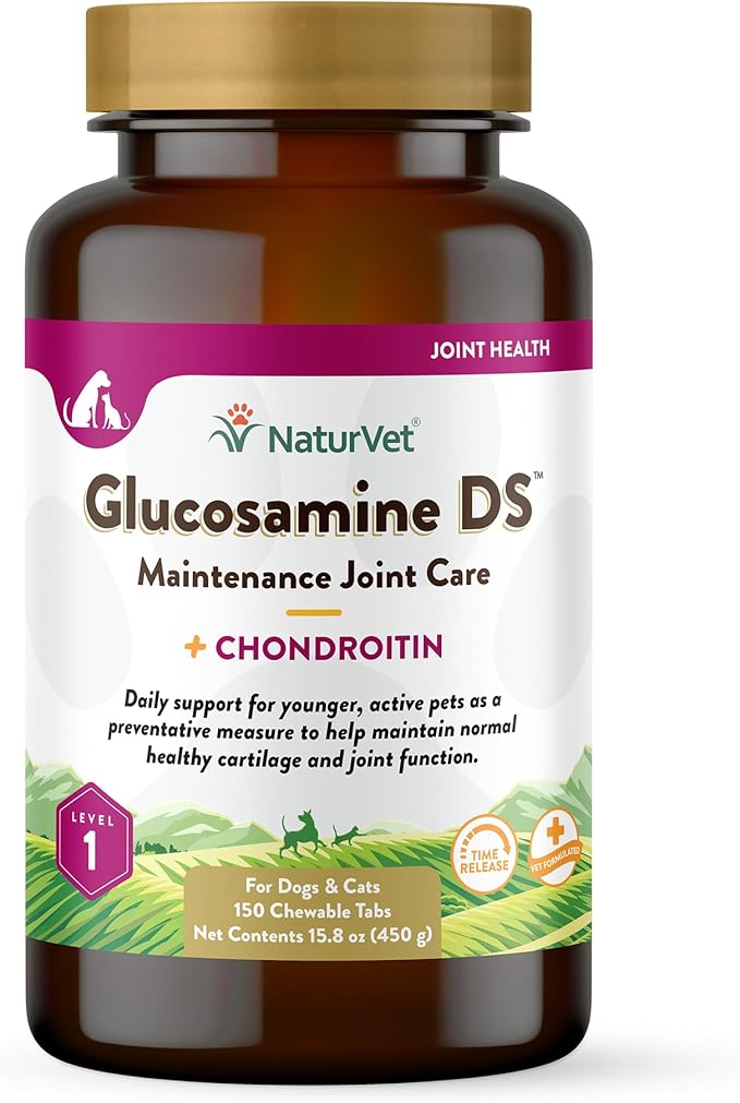 NaturVet Glucosamine DS Level 1 Maintenance Care Hip &amp; Joint Support Pet Supplement for Dogs &amp; Cats –Glucosamine, Chondroitin, Antioxidants –Supports Cartilage, Joint Function – 150 Ct.
