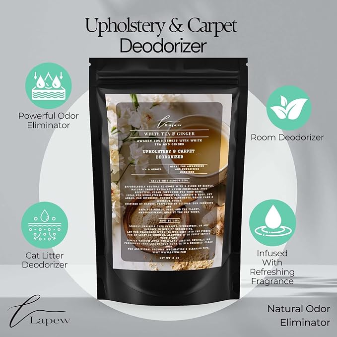 White Tea &amp; Ginger Carpet Freshener Powder: Powerful Odor Eliminator for Home, Upholstery Deodorizer, Carpet Deodorizer, Pet Urine, Cat Litter Box - White Tea &amp; Ginger Fragrance.