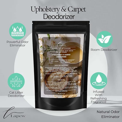 White Tea &amp; Ginger Carpet Freshener Powder: Powerful Odor Eliminator for Home, Upholstery Deodorizer, Carpet Deodorizer, Pet Urine, Cat Litter Box - White Tea &amp; Ginger Fragrance.