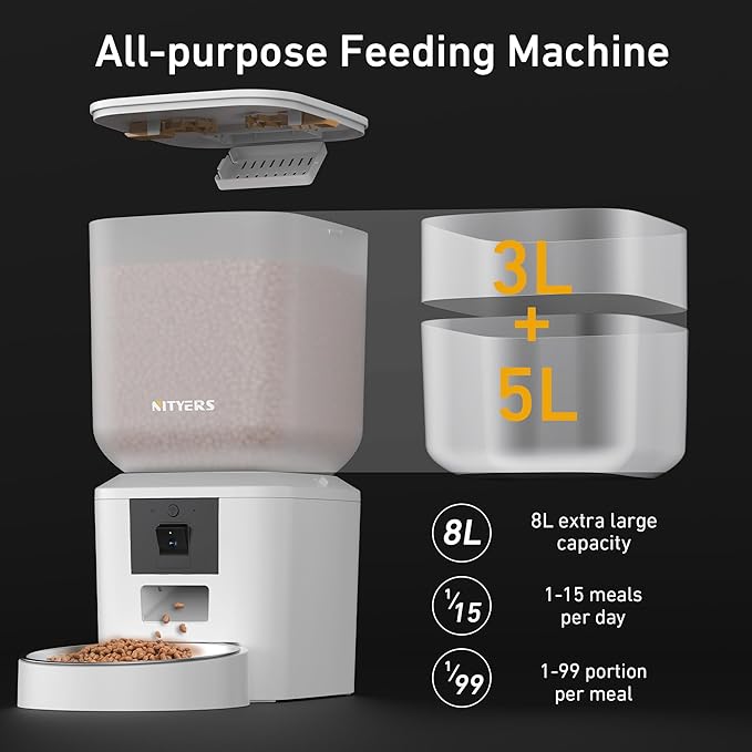 Automatic Dog &amp; Cat Feeder with Camera &amp; WiFi – 8L/34 Cups, 1080P Night Vision, 2.4 &amp; 5G WiFi, 2-Way Talk, 10s Voice Recording, Timed Food Dispenser, Up to 99 Portions, 15 Meals Per Day