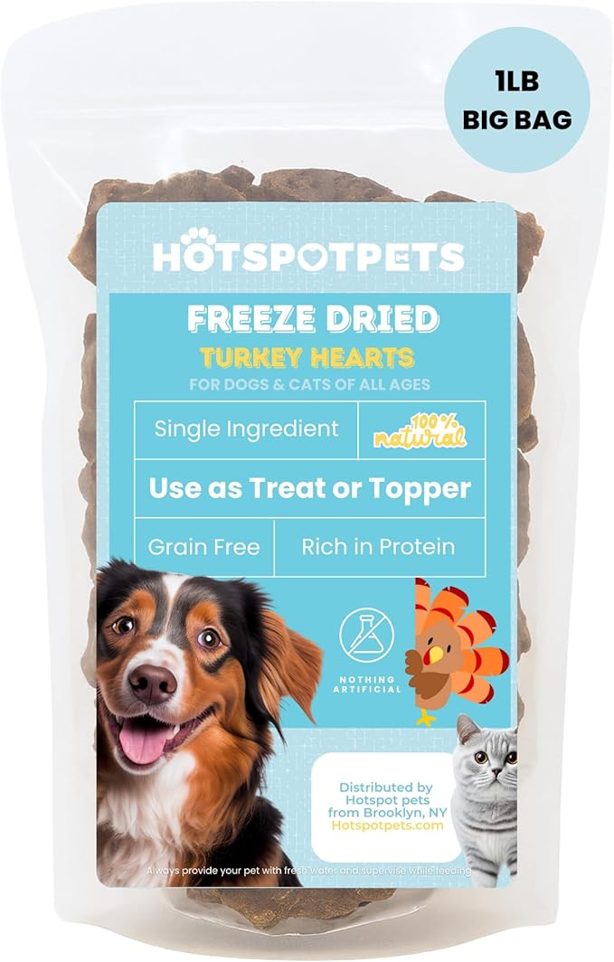 hotspot pets Freeze Dried Turkey Hearts Treats for Cats &amp; Dogs -Made in USA, 1lb Big Bag, Single Ingredient All Natural Grain-Free Turkey Heart - Great for Training, As a Topper or Snack