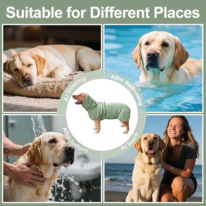 KOOGALSmall to Medium Size Dog Bathrobe, Quick Drying Super Absorbent Used for After Bathing, Warm Dog Towels, Adjustable Hoodies and Belts for Pet Dogs Bath Clothes Products(Green Jacquard, L)