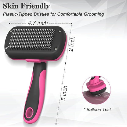 Self-Cleaning Pet Grooming Brush - Skin-Friendly Deshedding Tool for Dogs &amp; Cats in Pink, Removes Loose Hair and Tangles