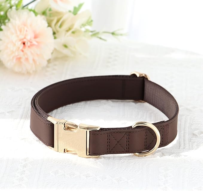 PET ARTIST PU Leather Dog Collar, Bright &amp; Stylish Brown Dog Collar with Quick Release Gold Metal Buckle, Soft Nylon Padded Durable Pet Collars Adjustable for Small Dogs, Neck Fit 9-14"