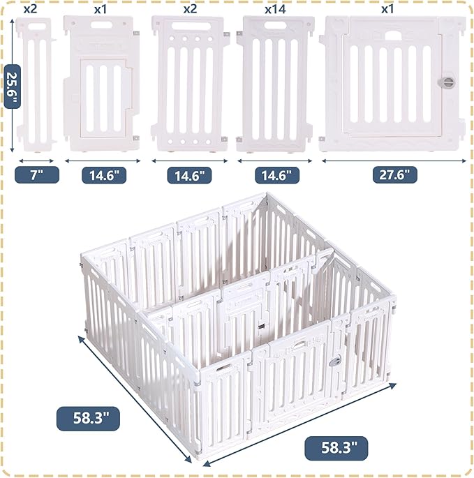 2 Room Dog Playpen with Door,DIY Shape Combination Puppy Pen,16-Panel+2 Link Piece+Large Door+Small Door,25.5" H Dog Fence,Non-Slip&amp;Secure Pet Gate,Easy to Assemble (Two Rooms)