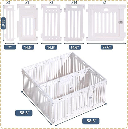 2 Room Dog Playpen with Door,DIY Shape Combination Puppy Pen,16-Panel+2 Link Piece+Large Door+Small Door,25.5" H Dog Fence,Non-Slip&amp;Secure Pet Gate,Easy to Assemble (Two Rooms)