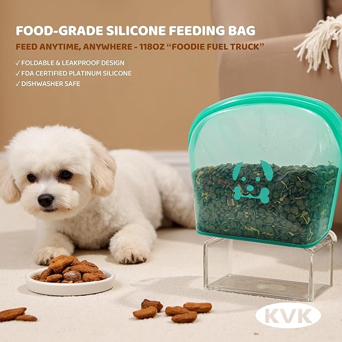 KVK Extra Extra Large Silicone Dog Food Mat 39.4×43.3in and 128oz Silicone Bag Set, Super Size Waterproof Pet Feeding Mat &amp; Container, Non-Slip, Chew-Resistant Floor Protection (Cool Grey&amp;Teal)