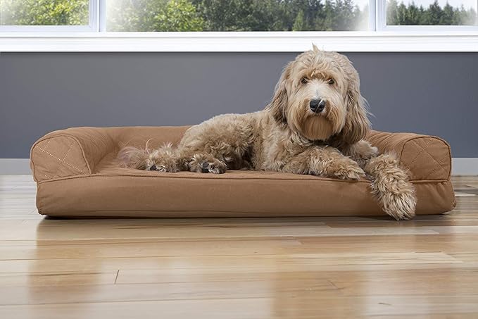 Furhaven Cooling Gel Dog Bed for Large/Medium Dogs w/ Removable Bolsters &amp; Washable Cover, For Dogs Up to 55 lbs - Quilted Sofa - Toasted Brown, Large
