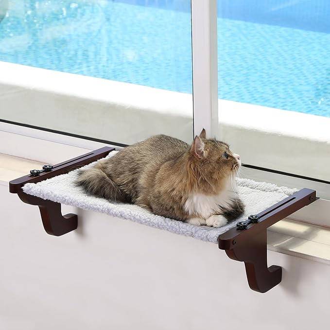 Easy Seat Cat Perch for Window Sill - Hammock Design w/Premium Wood &amp; Robust Metal Frame - Cat Window Seat for Large Cats and Kittens (Dark Stained Wood w/Gray Bed, Medium (23&