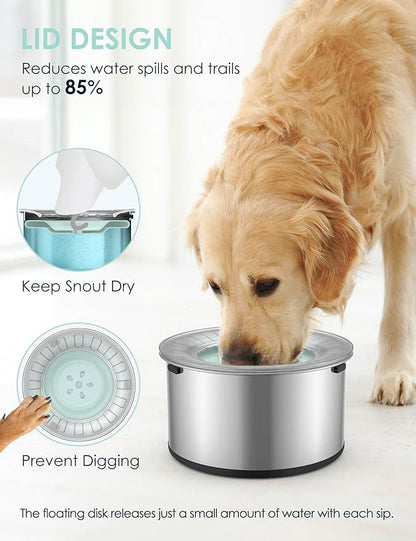 1Gallon Large Dog Water Bowl No Spill, [Anti Digging Lid &amp; Rubber Bottom] Spill Proof Dog Bowl, Anti Splash Mess Dripless Slow Drinking Stainless Steel Water for Sloppy Messy Drinkers Car