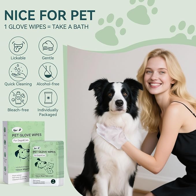 WLP Pet Glove Wipes for Dogs &amp; Cats, Cleaning Deodorizing Hypoallergenic Hydrating Grooming Wipes, Individually Wrapped, Enriched with Aloe &amp; Jojoba Oil for Daily Care, Traveling (24 PCS)