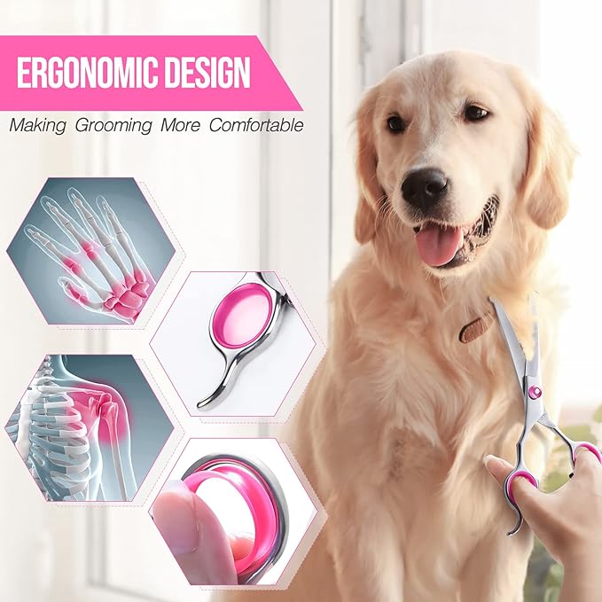 Gimars Dog Grooming Scissors Kit Professional 4CR with Safety Round Tip, 5 in 1 Heavy Duty Titanium Coated Thinning &amp; Curved &amp; Straight Shears