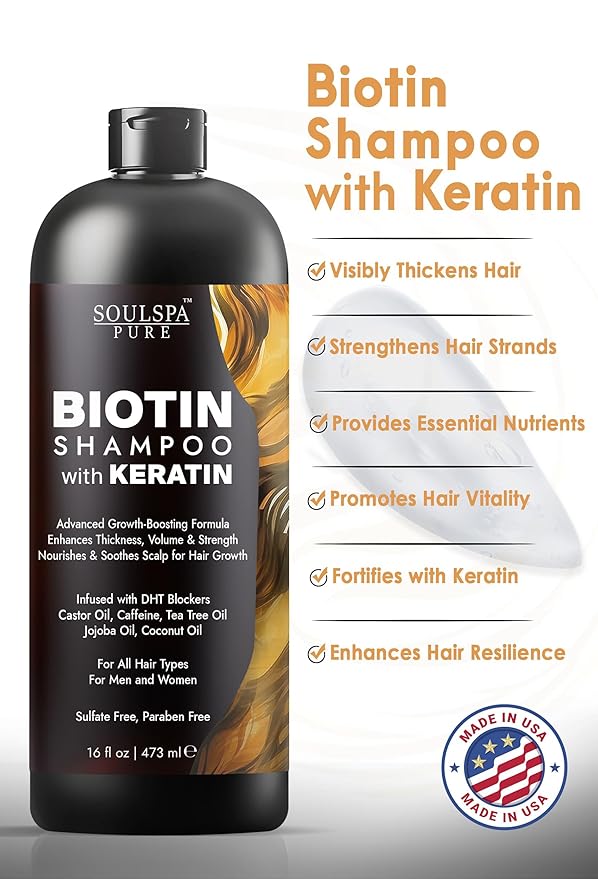 Biotin Shampoo with Keratin - Advanced Anti-Thinning, Hair Growth &amp; Repair Formula - Soothes Scalp, with Tea Tree Oil &amp; DHT Blockers - Strong, Healthy Hair for Men &amp; Women - 16 fl oz