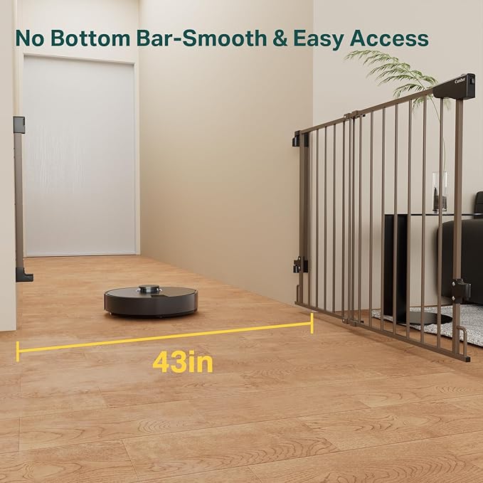 Cumbor 29.2-43" No Bottom Bar Baby Gate for Stairs, 2-in-1 Hardware Mounted Dog Gate Indoor, Pet Gate for Doorways with Large Walk Thru Door, Child-Proof Safety Gate for Top &amp; Bottom of Stairs (Brown)