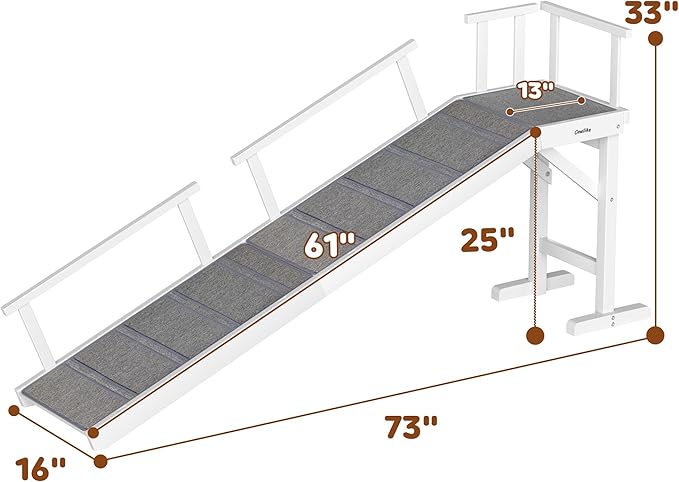 Onelike Wooden Dog Ramp for Bed with Removable Side Rail and Non-Slip Carpet, Stable Pet Ramp Stair for Couch Sofa for Small &amp; Large &amp; Senior Dogs, 74" Long Ramp White