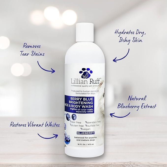 Lillian Ruff PRO Formula Berry Blue Brightening Pet Shampoo - Ultra-Hydrating Professional Whitening Dog Shampoo, Vivid Show-Quality Coat Enhancer, Tear Stain &amp; Odor Eliminator With ProVitamin B5 16oz