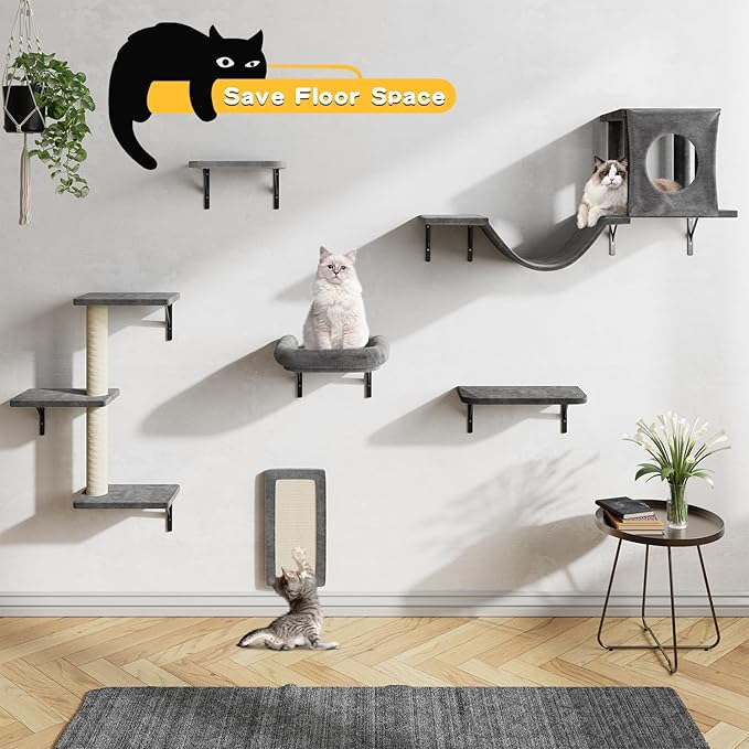 NUNU LAB Wall Mounted Cat Furniture, 6 Pcs Cat Wall Shelves with Condo House, Bridge, Steps, Scratcher, Hammock, Indoor Safe &amp; Stable Furniture for Kittens Play, Dark Gray